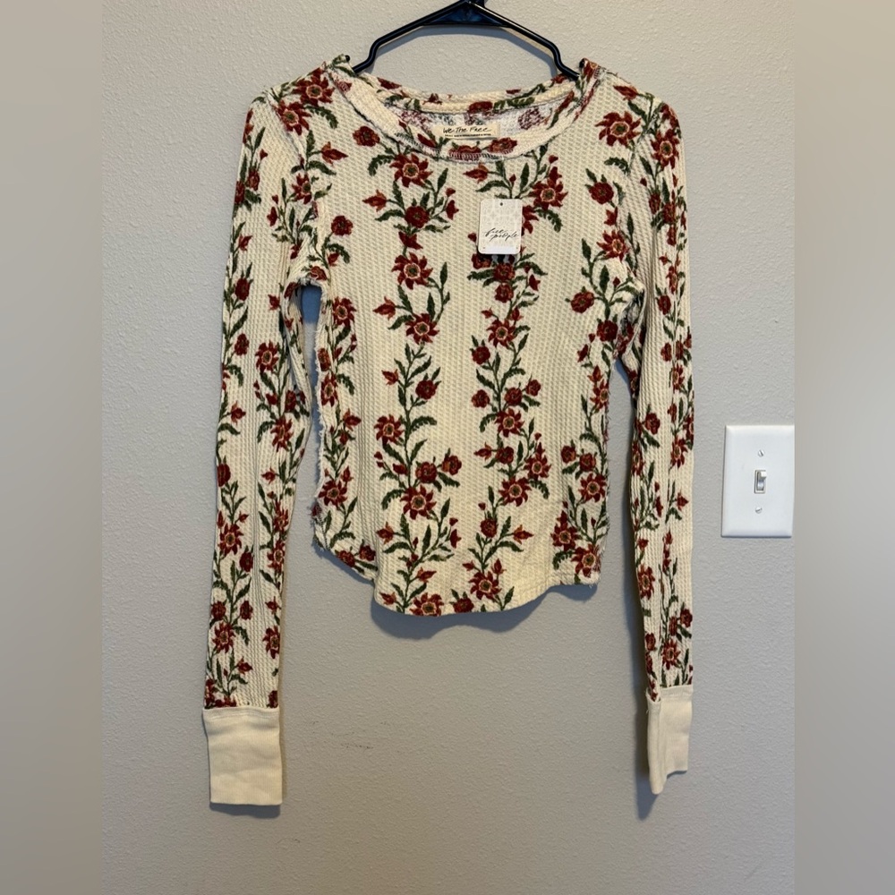 Free People Cream Long Sleeve Floral Thermal Top with Red & Green Print